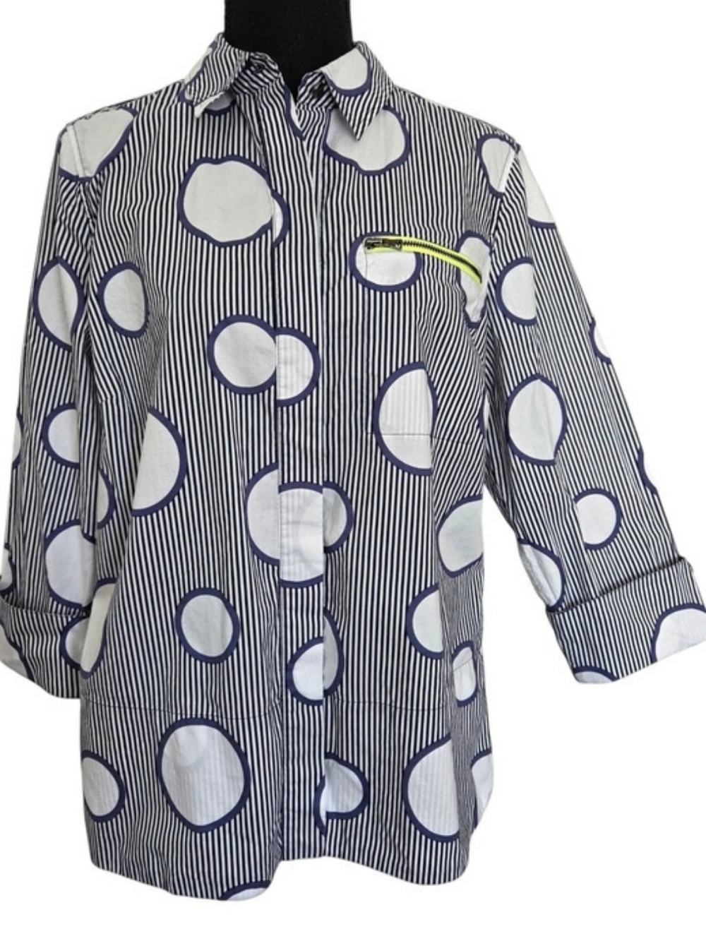 Cali Girls Size M Striped 3/4 Sleeve Button-Up Top Blue & White 100% Cotton